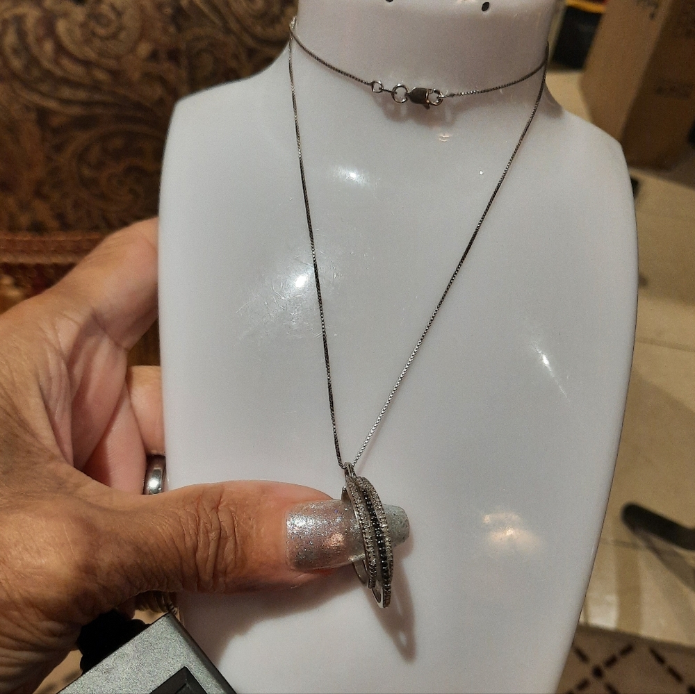 VINTAGE Real BLACK & WHITE DIAMOND NECKLACE SOLID STERLING SILVER BOX CHAIN 18"